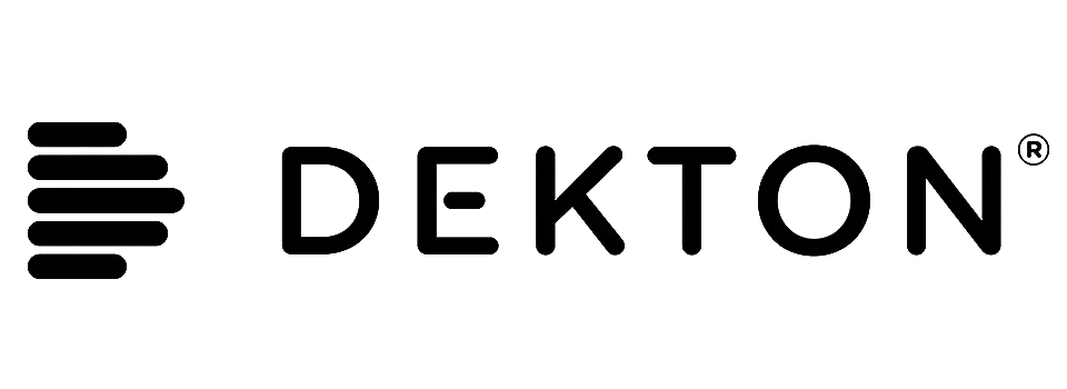 Logo Dekton : lignes horizontales noires empilées suivies du mot « DEKTON » avec un symbole de marque déposée.