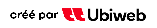 « créé par » avec le logo Ubiweb rouge au centre. Texte noir sur fond blanc.