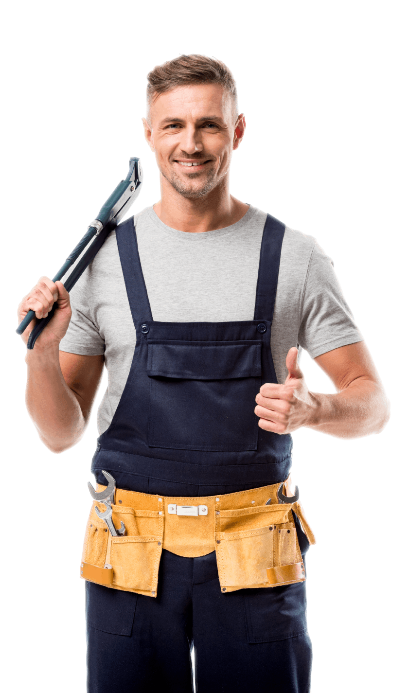 A man in overalls is holding a wrench and giving a thumbs up.
