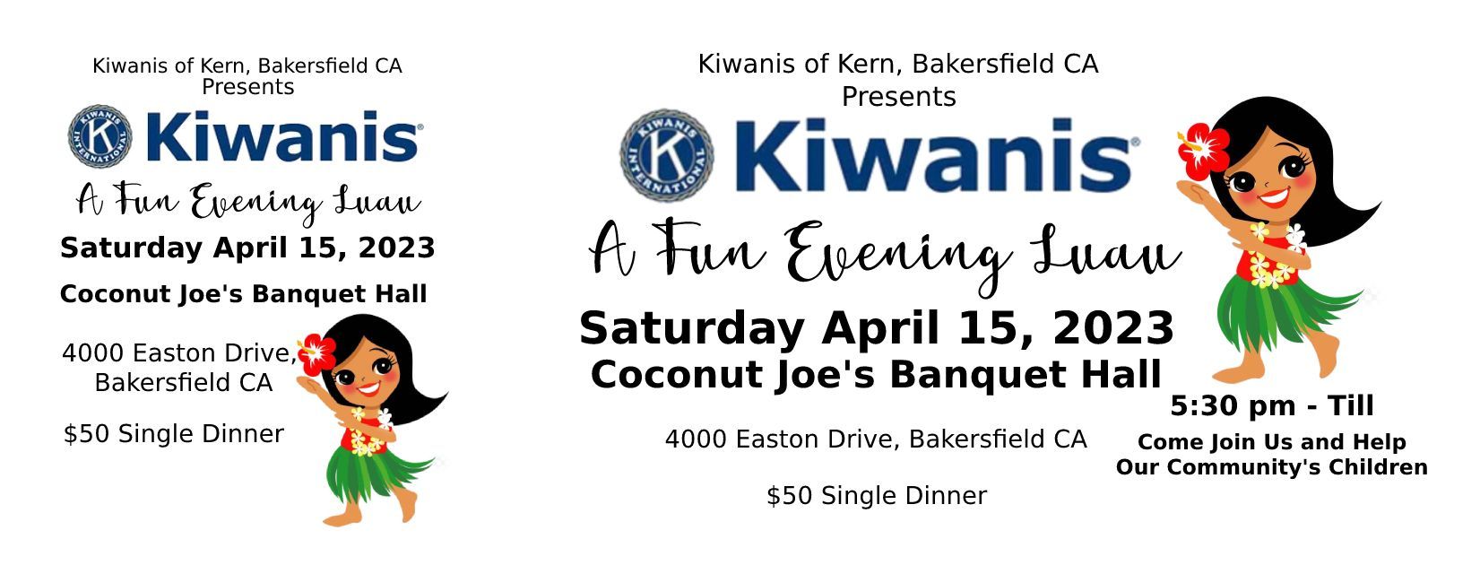A ticket for a fun evening luau on Saturday April 15 , 2023 at Coconut Joe's banquet hall