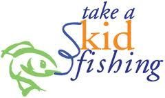 A logo that says `` take a kid fishing '' with a fish on it.