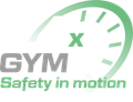 Een logo voor gym x veiligheid in beweging met een snelheidsmeter