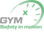 Een logo voor gym x veiligheid in beweging met een snelheidsmeter