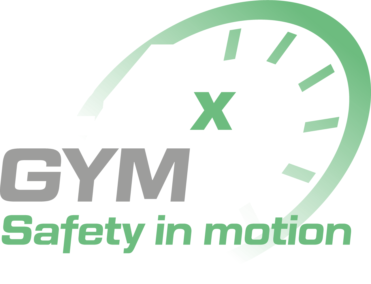 Een logo voor gym x veiligheid in beweging met een snelheidsmeter