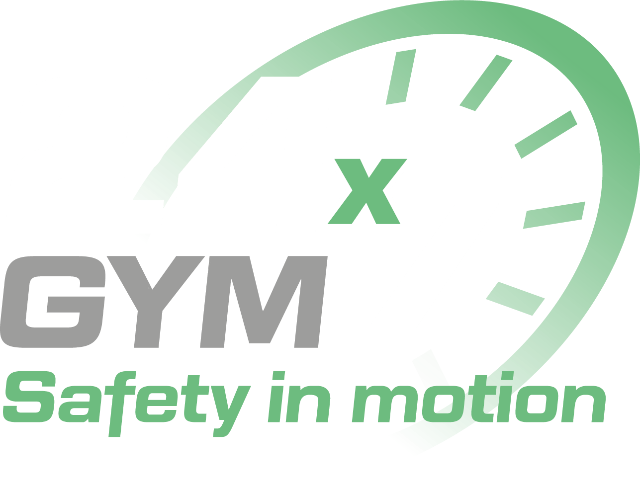 Een logo voor gym x veiligheid in beweging met een snelheidsmeter