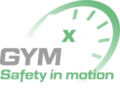 Een logo voor gym x veiligheid in beweging met een snelheidsmeter