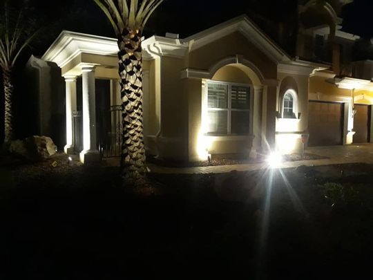 A house is lit up at night with palm trees in front of it