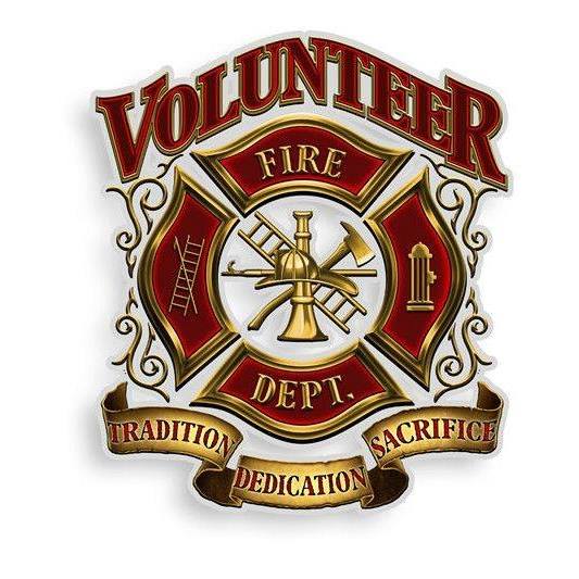 A volunteer fire department logo with a cross and a ribbon.