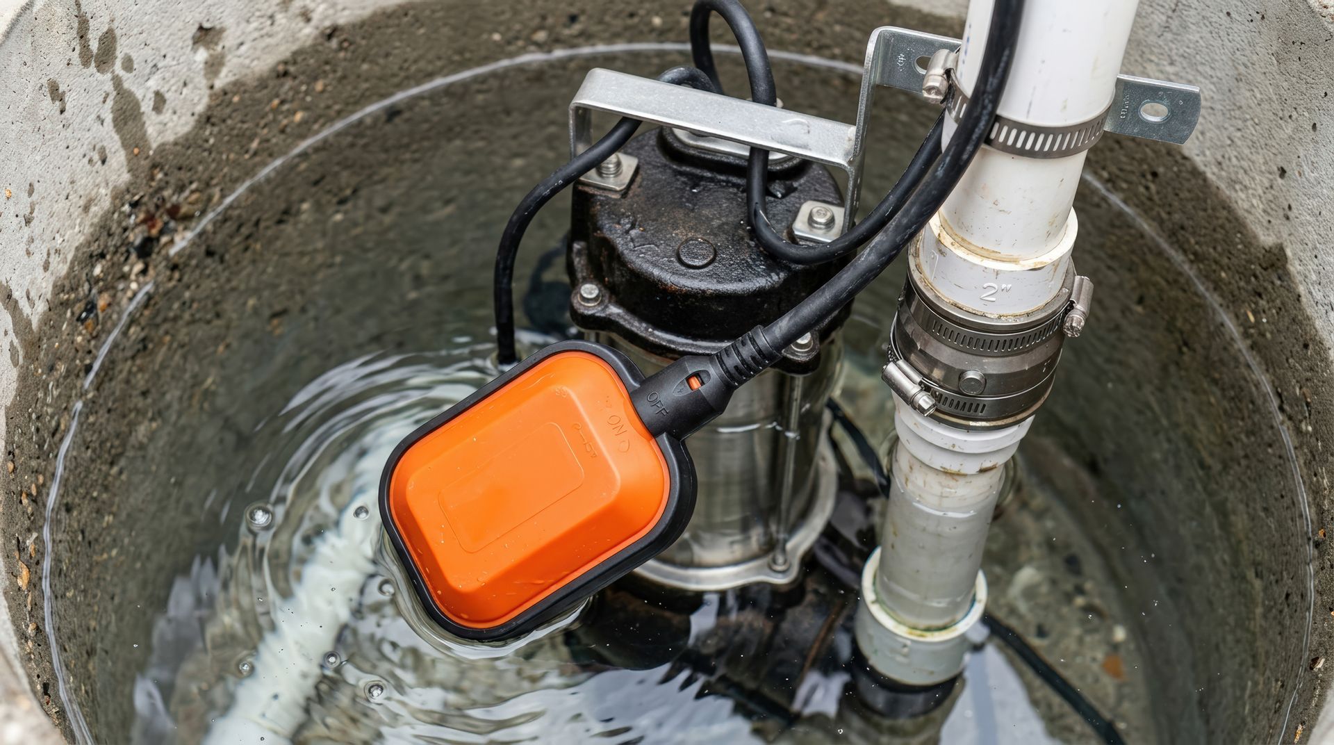 Sump pump with float switch installed in a basin to remove groundwater and prevent flooding.