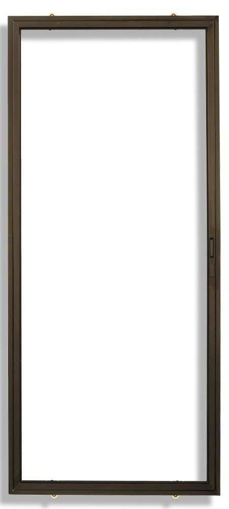 A rectangular, dark brown framed screen door shown against a plain white background.
