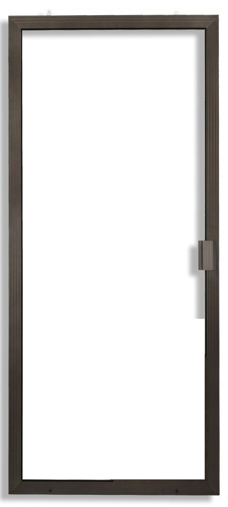 A tall, rectangular door with a dark metal frame, clear glass panel, and a simple vertical handle on the right side.