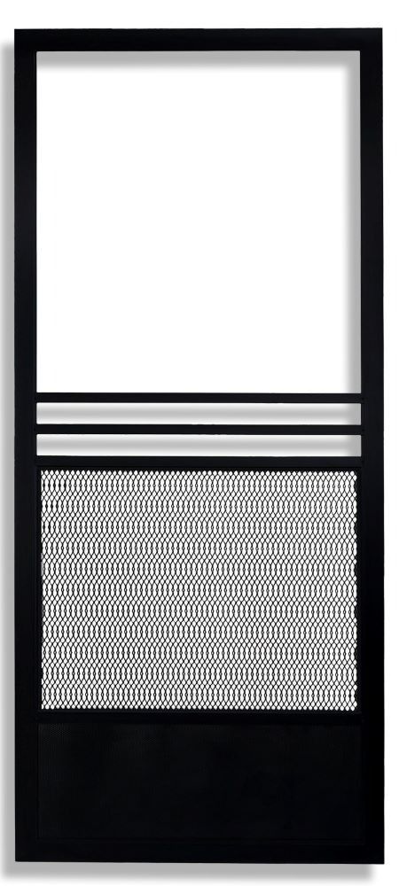 A black rectangular screen door with a glass pane on top, horizontal bars in the middle, and a decorative mesh panel below.