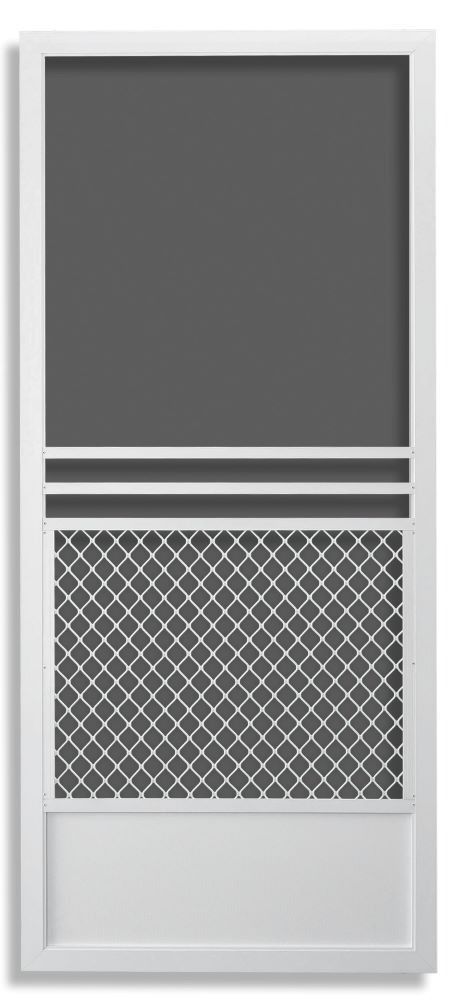 White screen door with a top screen, a decorative diamond-patterned metal grill in the middle, and a solid kick plate.
