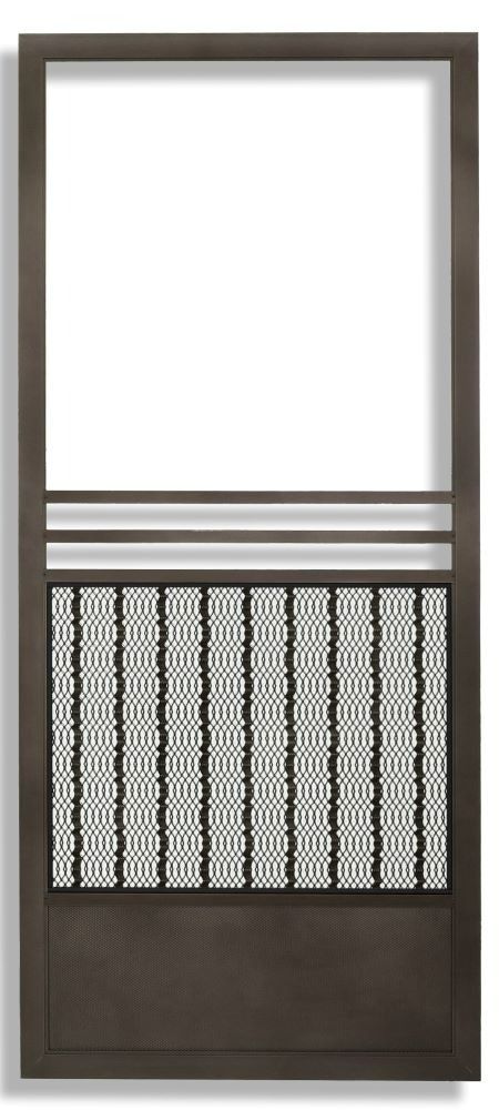 Bronze-colored metal screen door featuring a large upper glass panel and a lower decorative metal grate and kick plate.