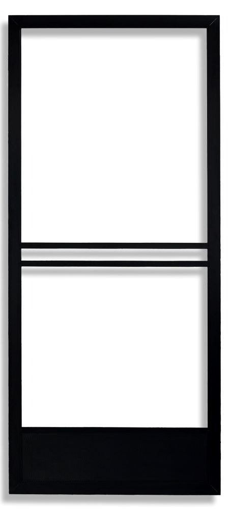 A black storm door featuring a rectangular frame, a horizontal mid-rail divider, and a solid kickplate at the bottom.