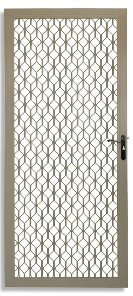A taupe-colored security screen door with a geometric diamond-patterned grille and a black handle.