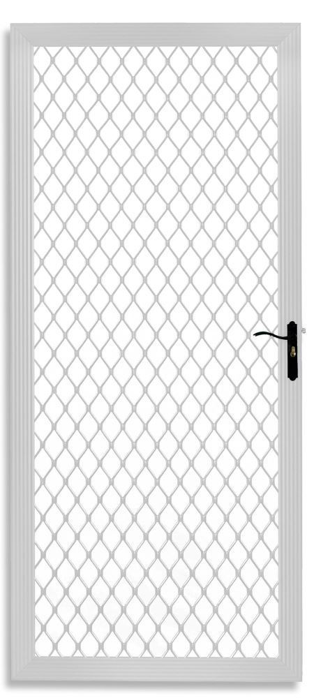 White security screen door with a diamond-patterned metal grille and a black handle.