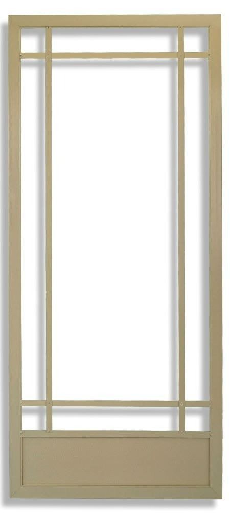 A tan screen door with a simple, geometric grid pattern and a solid rectangular panel at the bottom.