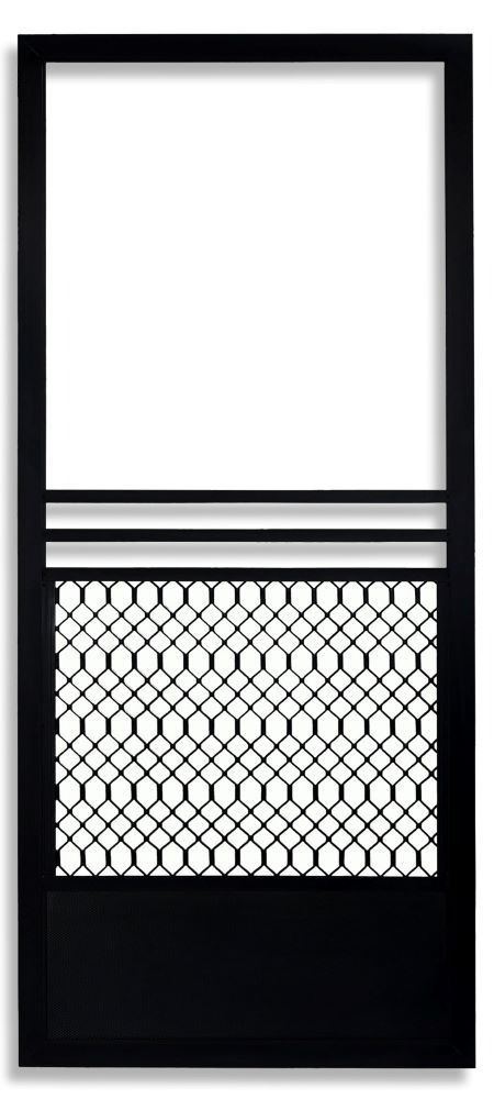 Black aluminum screen door with a top glass panel, a middle diamond-patterned protective grille, and a solid bottom panel.