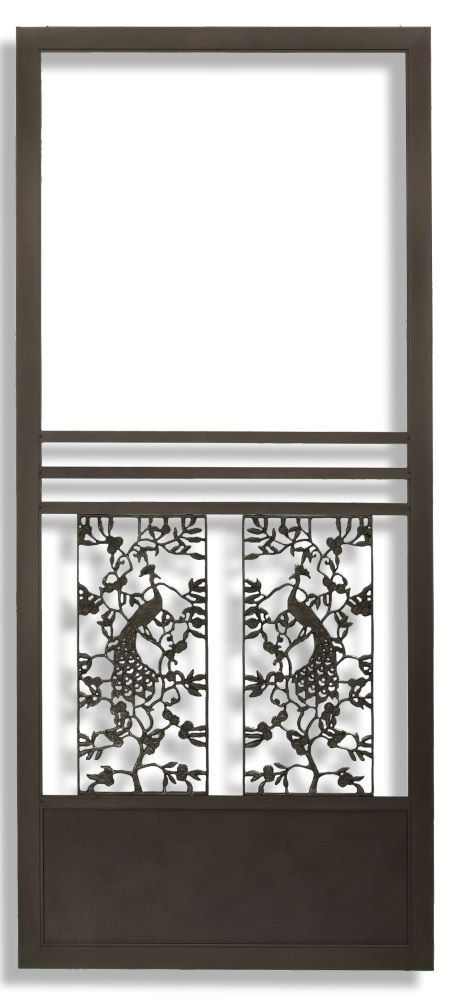 Dark brown metal screen door with a decorative peacock and floral cutout panel in the center.