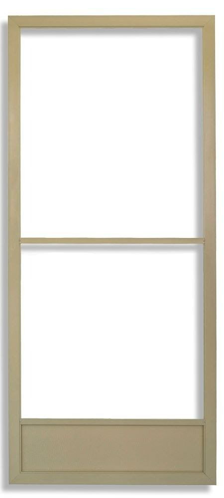 A tan, rectangular screen door with a horizontal middle bar and a solid panel at the bottom.