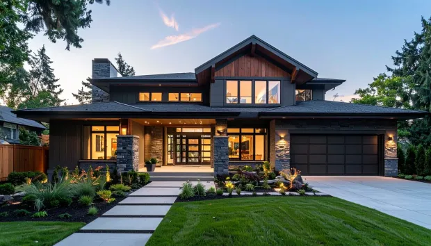 Suburban brick house with two garages, steep roof, and a paved driveway under a blue sky