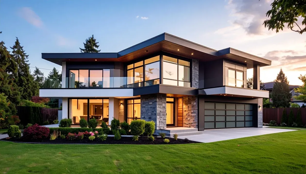 Large two-story beige house with brown roof, double garage, and front porch on a grassy lawn.