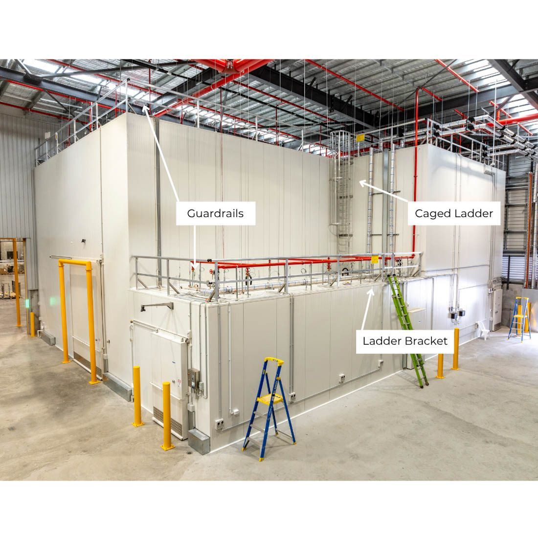 Access systems, stairs and guardrails for cold storage warehousing