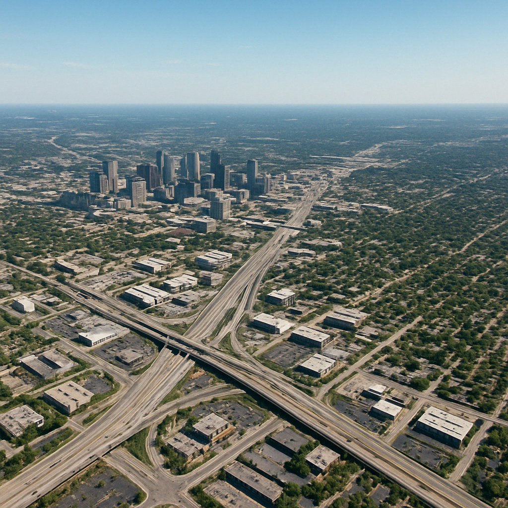 An aerial view of a city with a river running through it