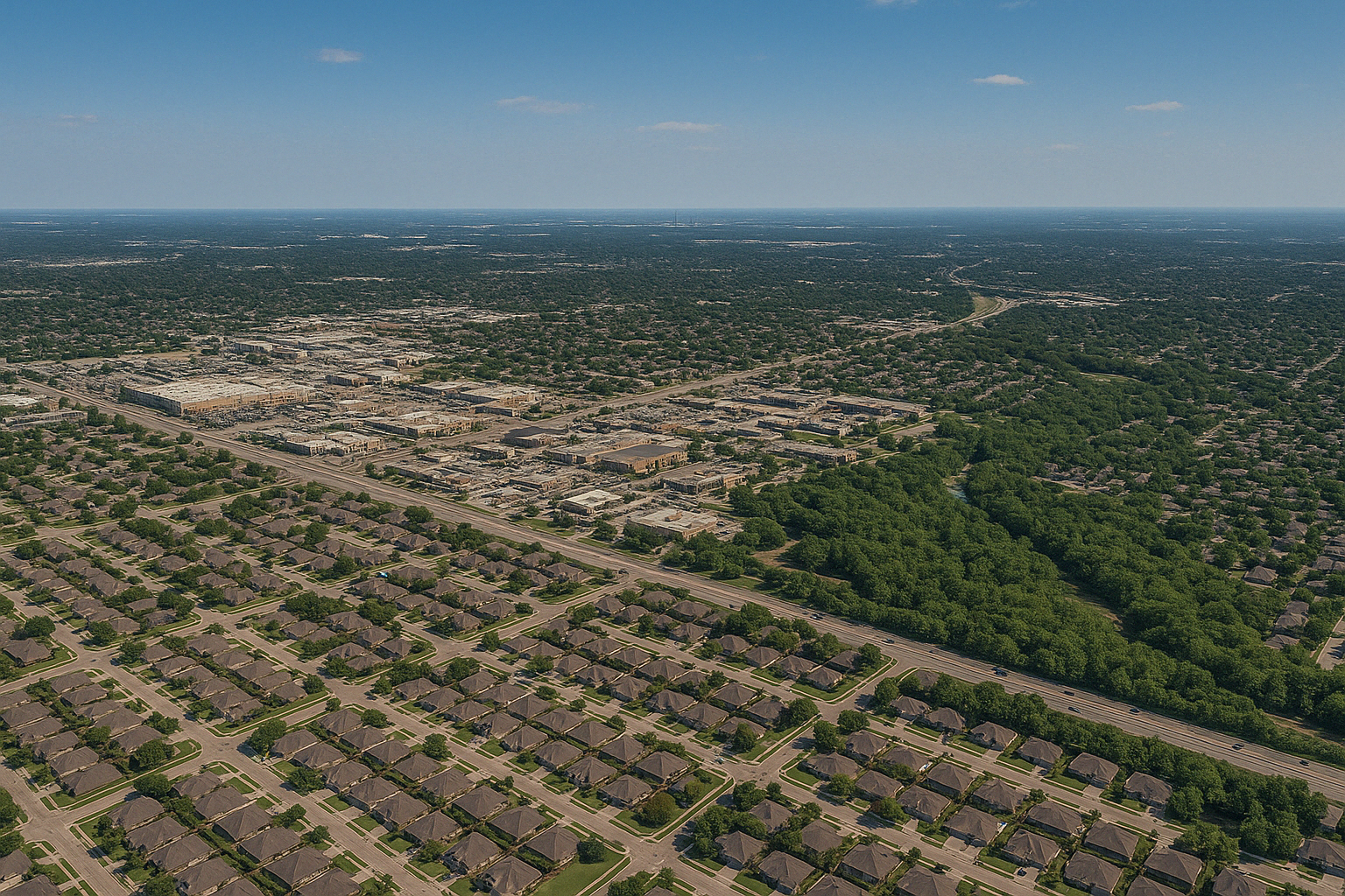 An aerial view of a residential area with a river running through it