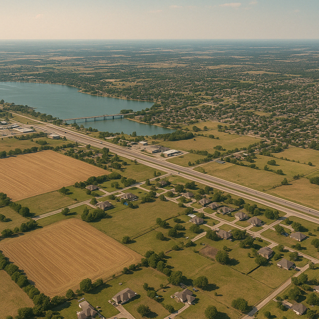 An aerial view of a residential area next to a body of water.