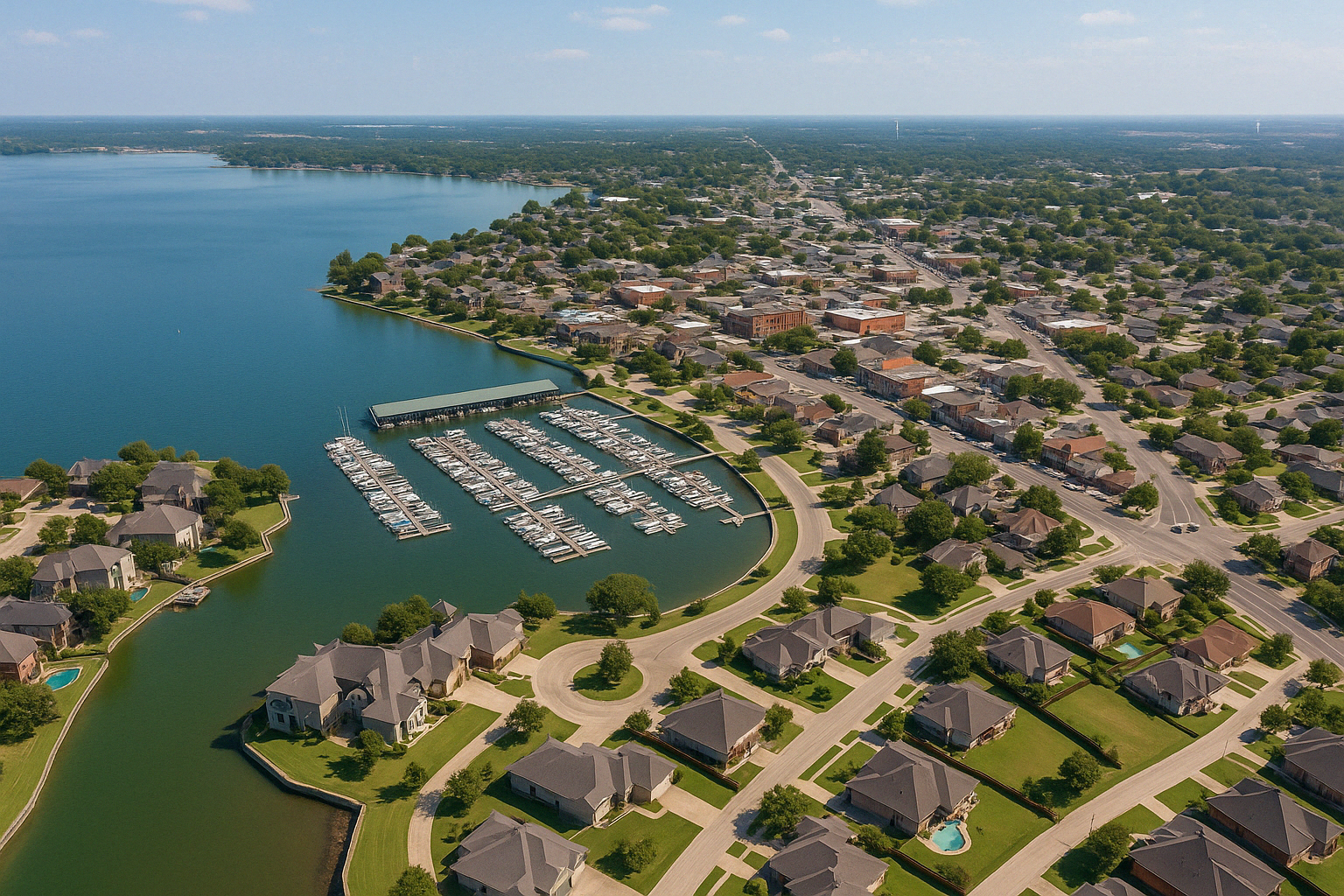An aerial view of a residential area with a river running through it