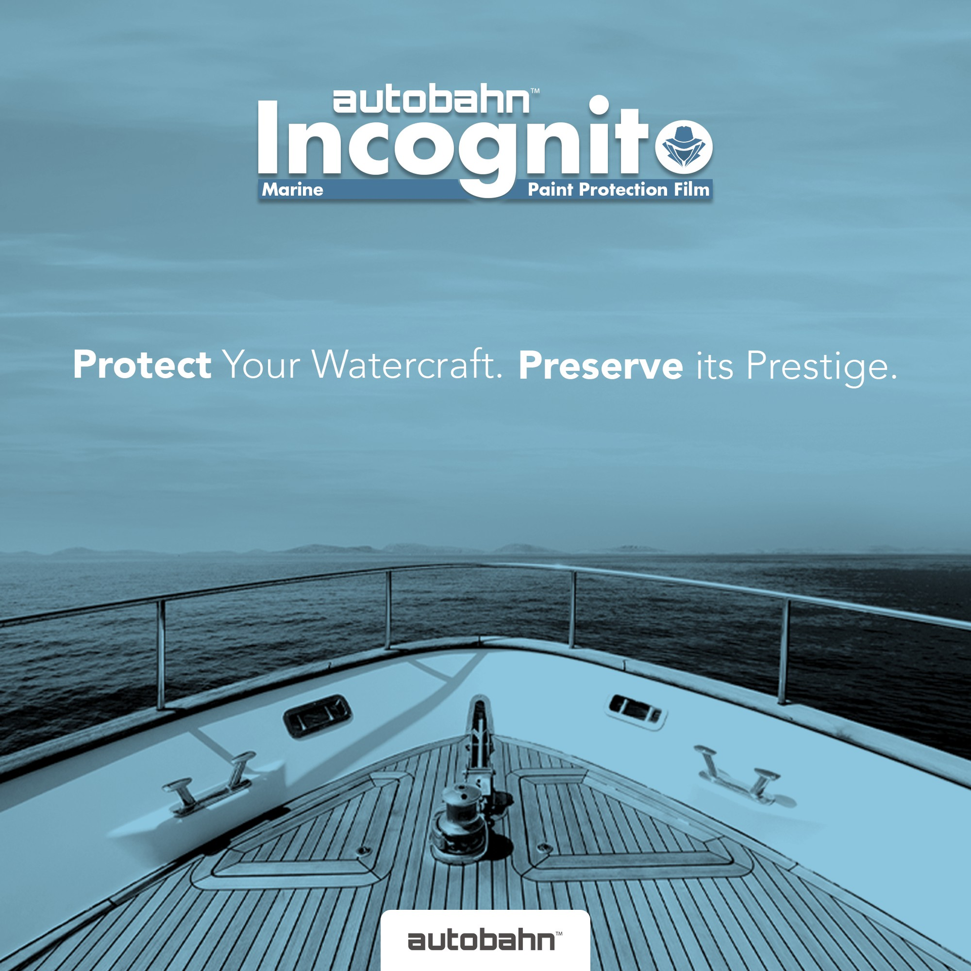 Boat bow with water and windshield protection film ad reading “Protect Your Watercraft. Preserve Its Prestige.”