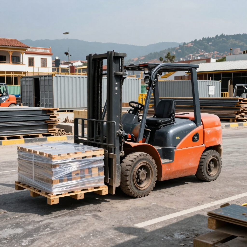 Carretilla elevadora naranja que transporta un palé de materiales apilados en un patio industrial al aire libre.