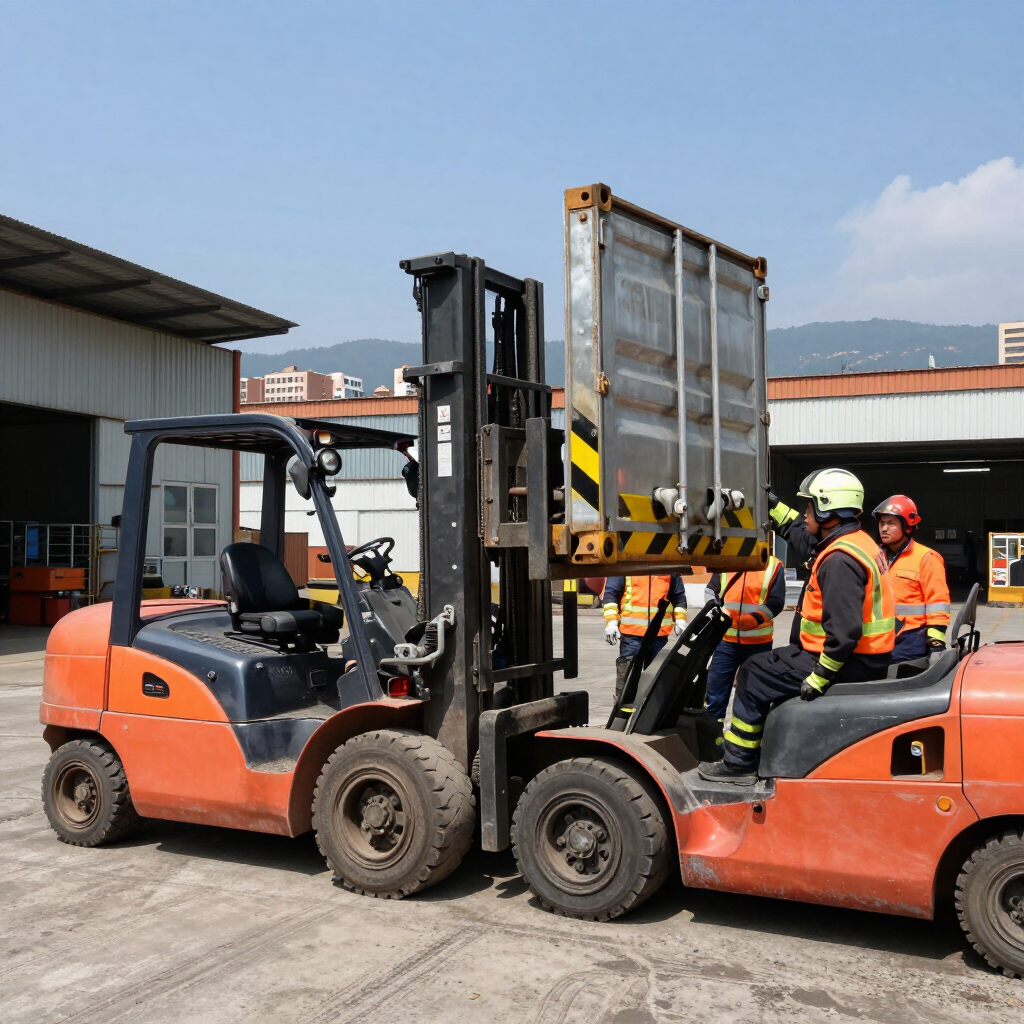 Dos carretillas elevadoras naranjas y trabajadores maniobrando un gran contenedor metálico en un patio industrial.