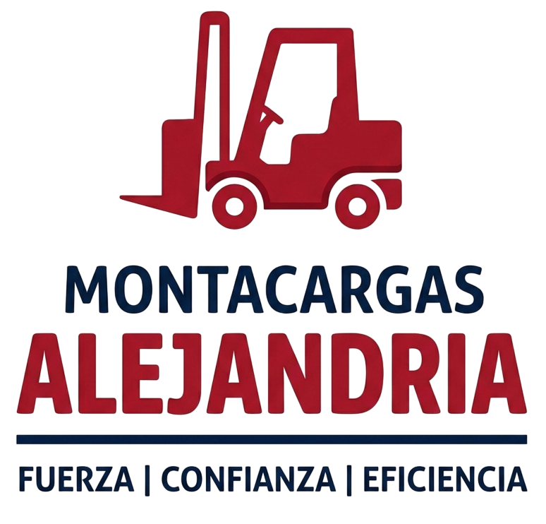 Logo de Montacargas Alejandría con montacargas rojo y lema “Fuerza | Confianza | Eficiencia”