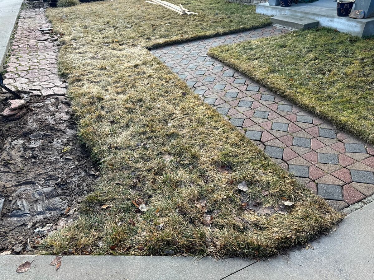 Residential yard with winter-dormant grass and a brick walkway beside a sidewalk