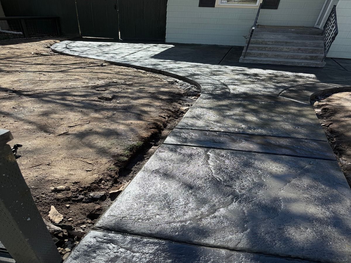 Concrete sidewalk leading to a house, bordered by bare dirt and tree shadows