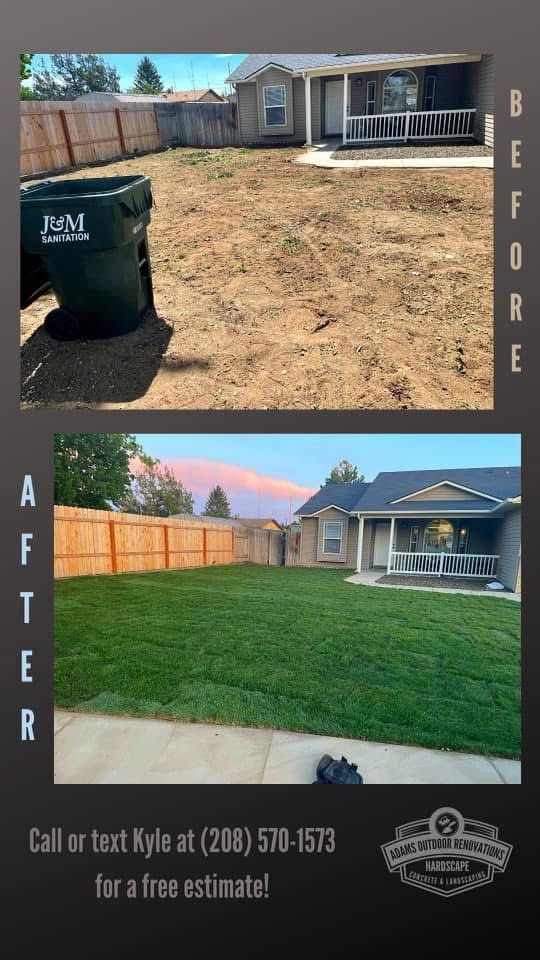Before-and-after lawn transformation: bare yard with dumpster, then green grass and new fence.