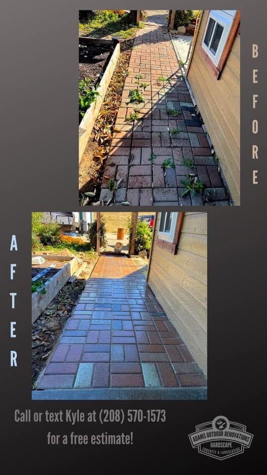 Before-and-after view of a repaired brick walkway along a house, showing a cleaner, level path.