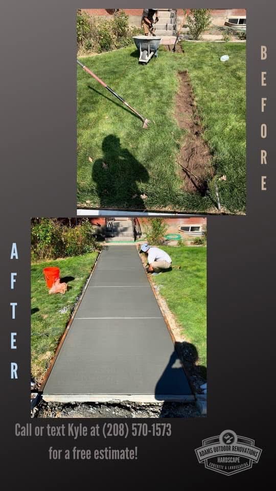 Before-and-after yard path repair with damaged grass and a new concrete walkway