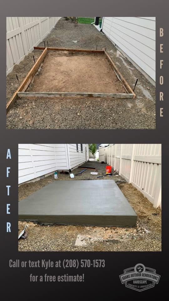 Before-and-after of a concrete patio repair beside a house and fence