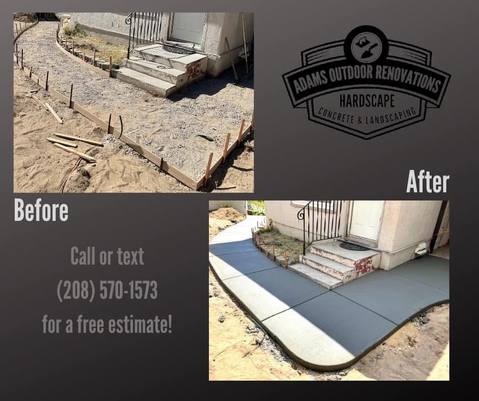 Before-and-after of a concrete patio renovation with pavers and edging; includes “call or text” contact info.