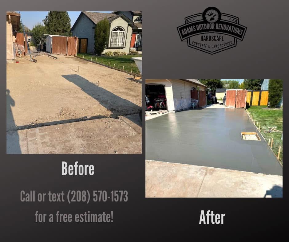 Driveway resurfacing before-and-after: cracked tan concrete replaced with smooth gray finish, with contact number.