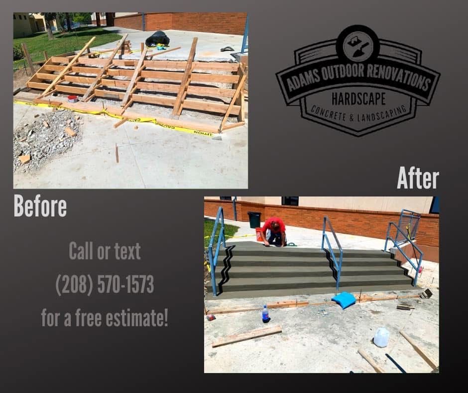 Before-and-after deck repair collage showing damaged wood framing replaced with blue railings and steps