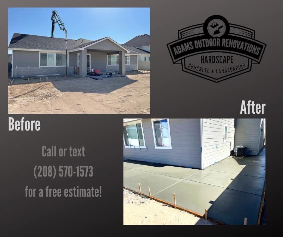 Before-and-after patio concrete renovation with dark gray new slab and “Davis Outdoor Renovations” logo.