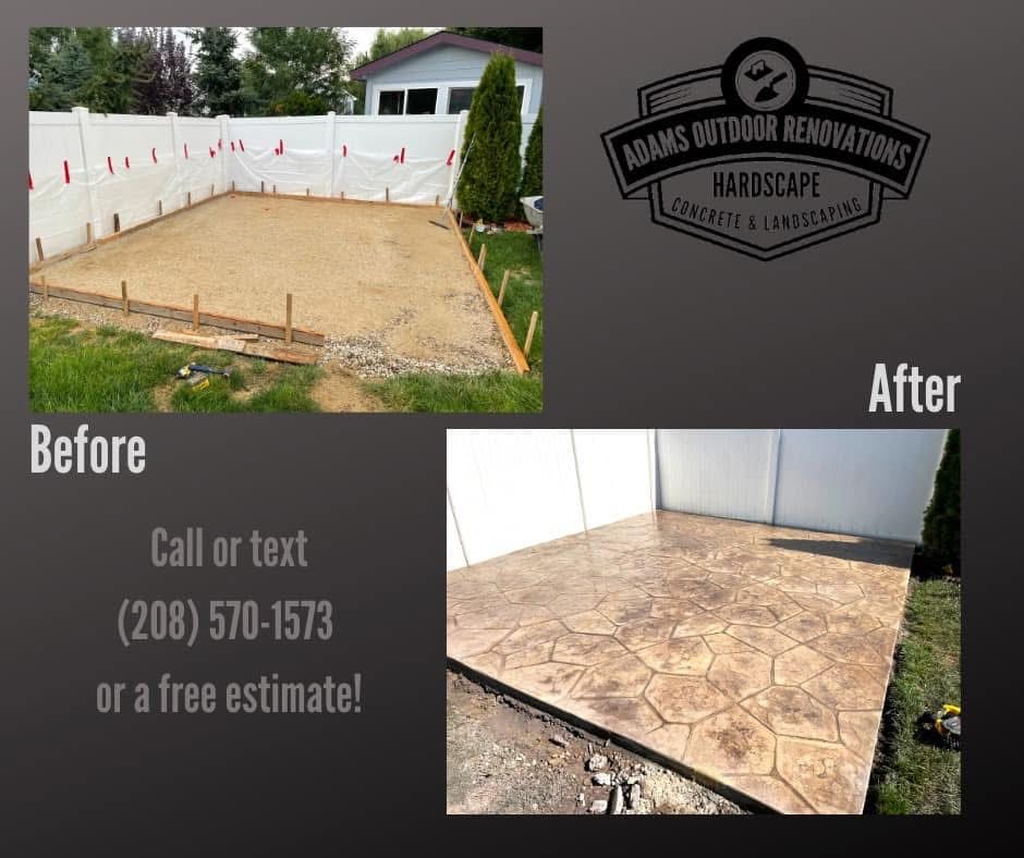 Before-and-after patio makeover by Hansen's Hardscape, showing a new stamped concrete patio and contact info.