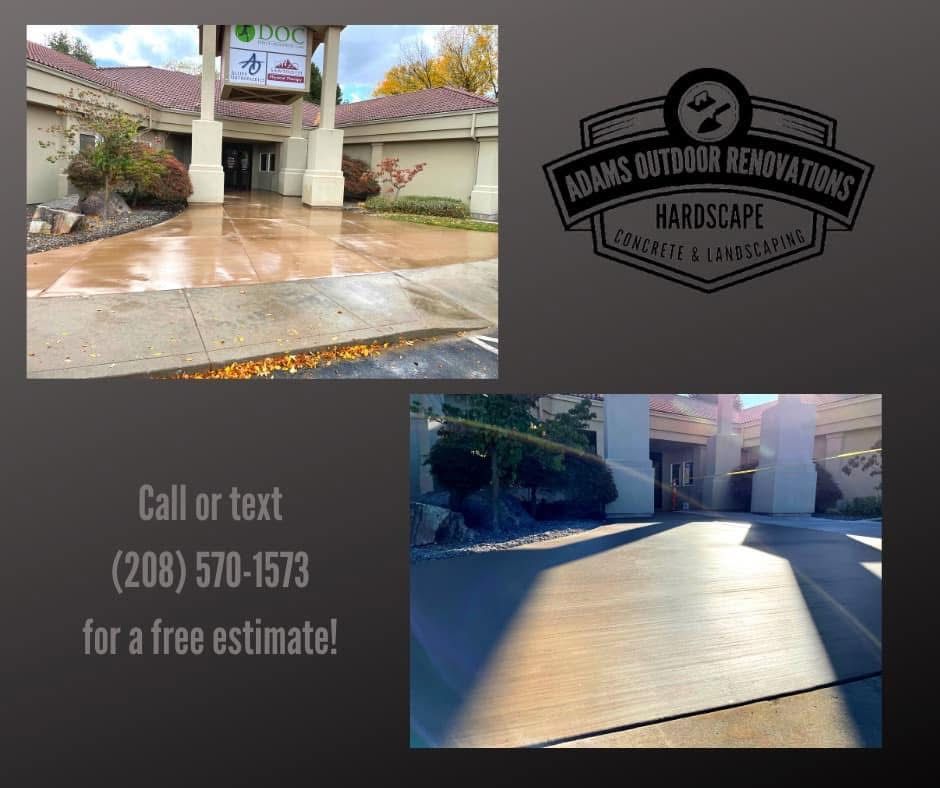 Stamped concrete driveway and patio photos with Adams Outdoor Renovations logo and phone number for free estimate.
