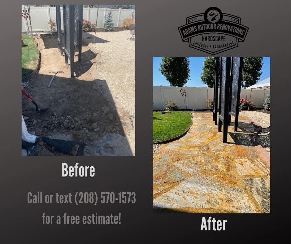 Before-and-after patio repair: cracked dirt path replaced with smooth stamped concrete and green lawn.