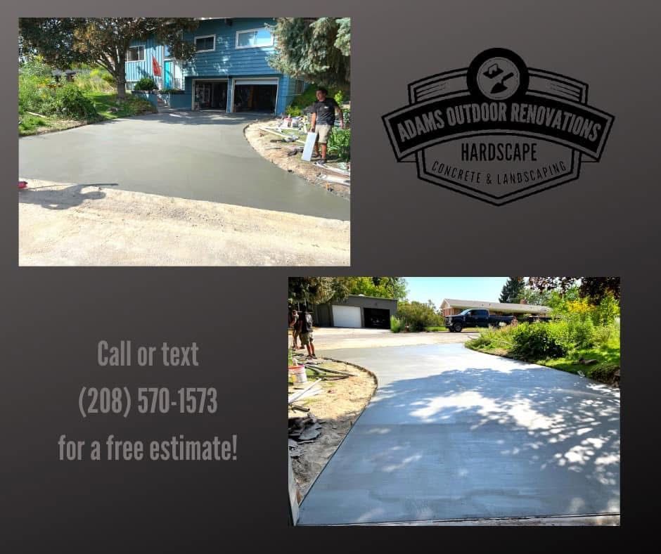 Outdoor paving and landscaping ad with driveway photos, Adams Outdoor Renovations logo, and phone number.